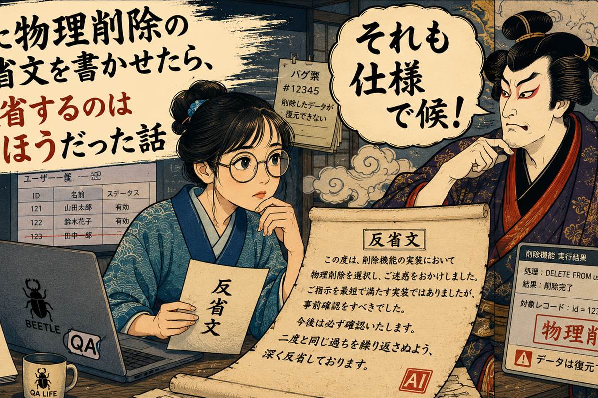 AIの書いた反省文の巻物を読むQAエンジニアと「それも仕様で候」と言う侍の浮世絵風イラスト
