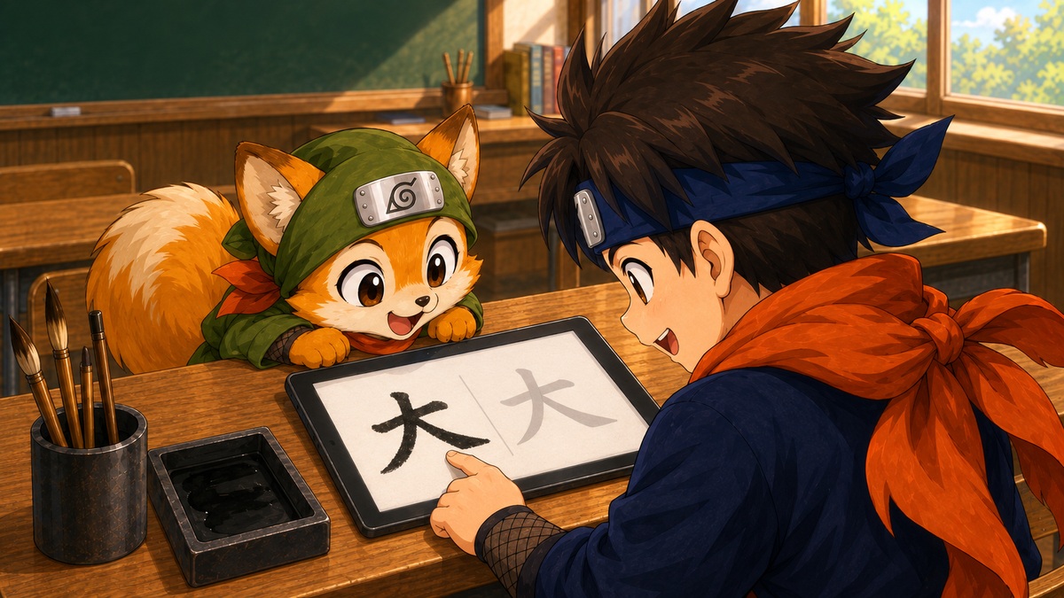筆で漢字を書く忍者の子どものイラスト