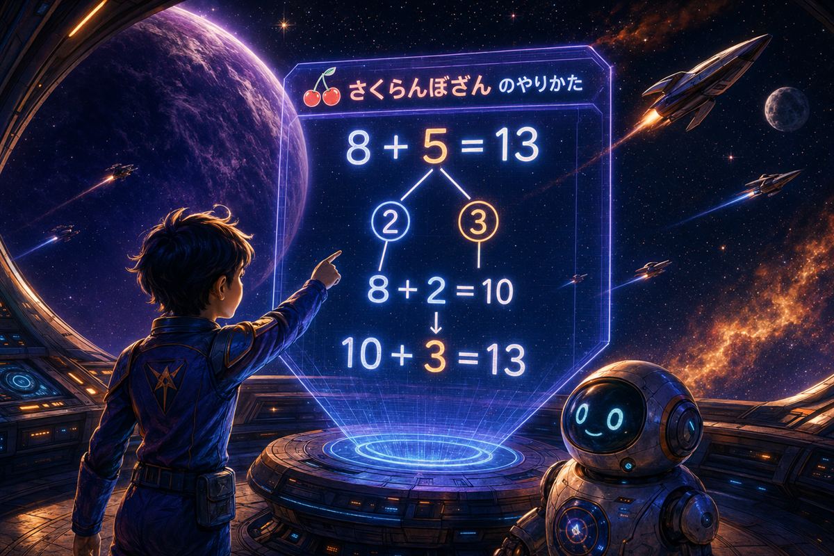 さくらんぼ算の解説イラスト。8＋5を例に、うしろの5を2と3に分けて10のまとまりを作る手順を図で示している