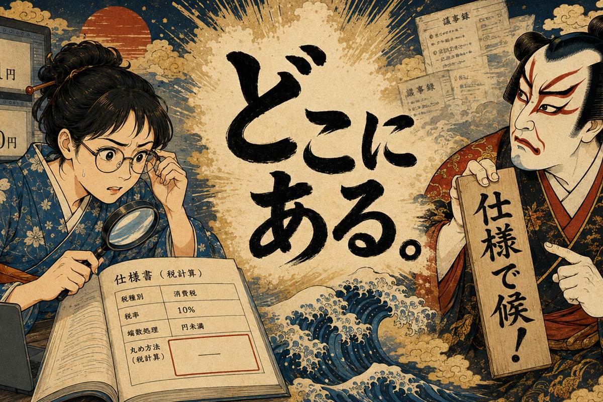 仕様はどこにある。仕様書を虫眼鏡で調べるQAエンジニアと「仕様で候」と言う侍の浮世絵風イラスト