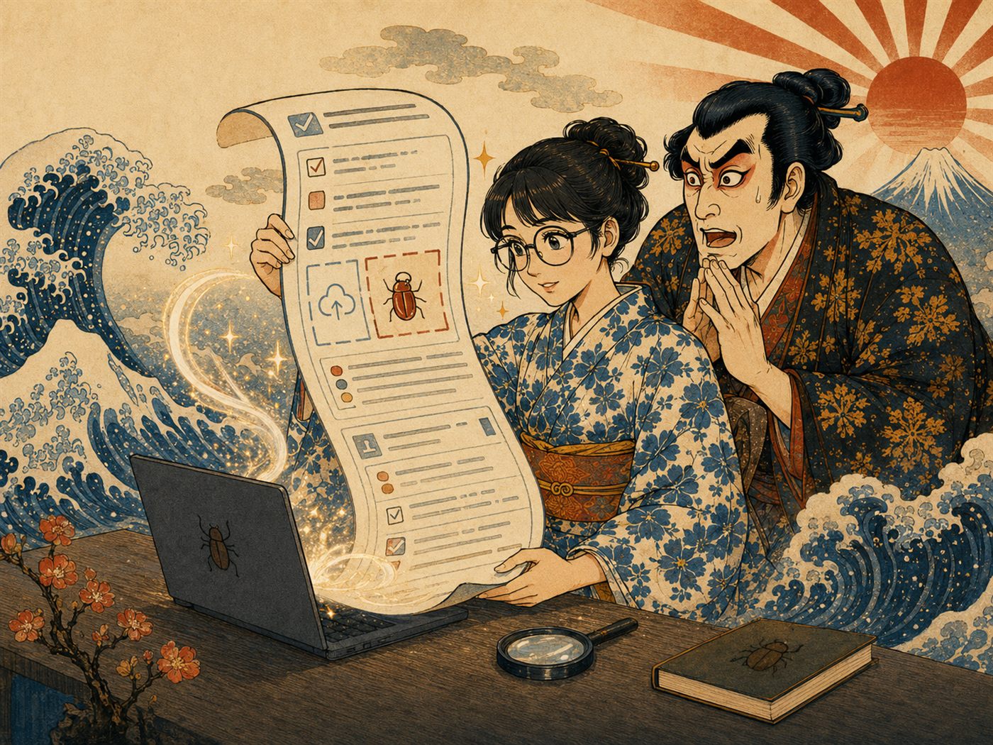めがねのQA担当が出力された巻物を手にし、歌舞伎エンジニアが驚いている浮世絵風イラスト