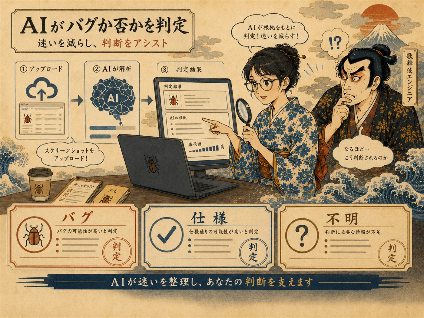 アップロード→AI解析→判定結果の流れと、バグ・仕様・不明の3つの判定札を描いた浮世絵風の図解