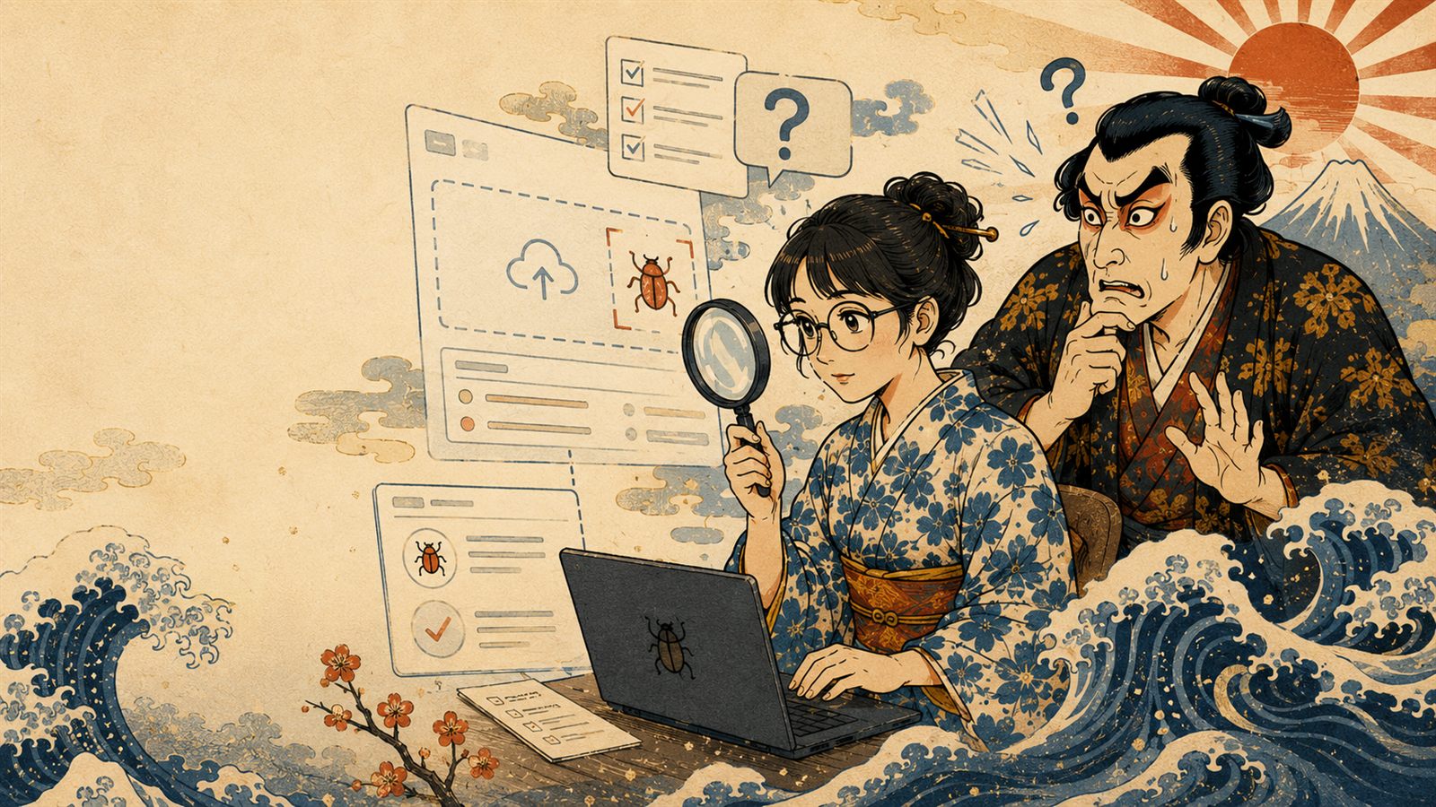めがねのQA担当がスクリーンショットを虫めがねで調べ、歌舞伎エンジニアが不安そうに見守る浮世絵風イラスト