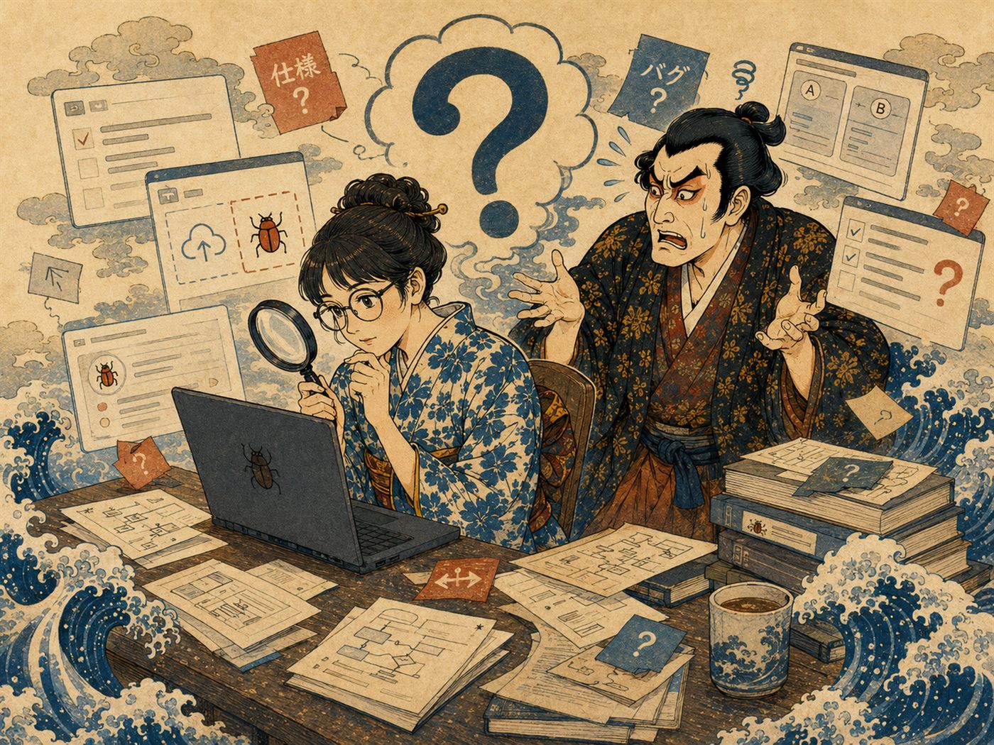 「仕様？」「バグ？」の張り紙に囲まれて歌舞伎エンジニアが混乱し、めがねのQA担当が調査している浮世絵風イラスト