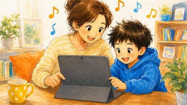 タブレットで英単語を読み上げる親子のイラスト