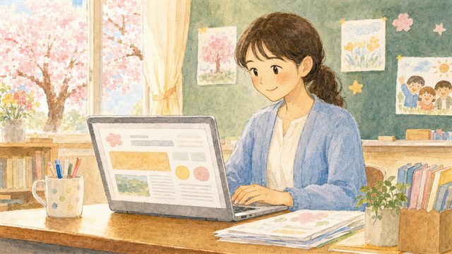 パソコンで学級通信をつくる先生のイラスト