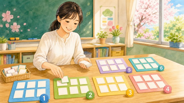 名札カードを班ごとに分ける小学校の先生の水彩イラスト