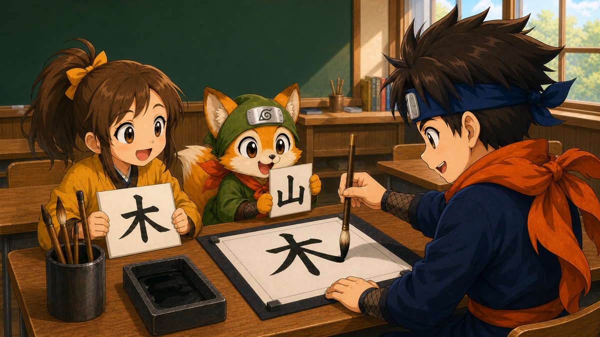 筆と絵カードで漢字を学ぶ忍者の主人公と仲間たちのイラスト