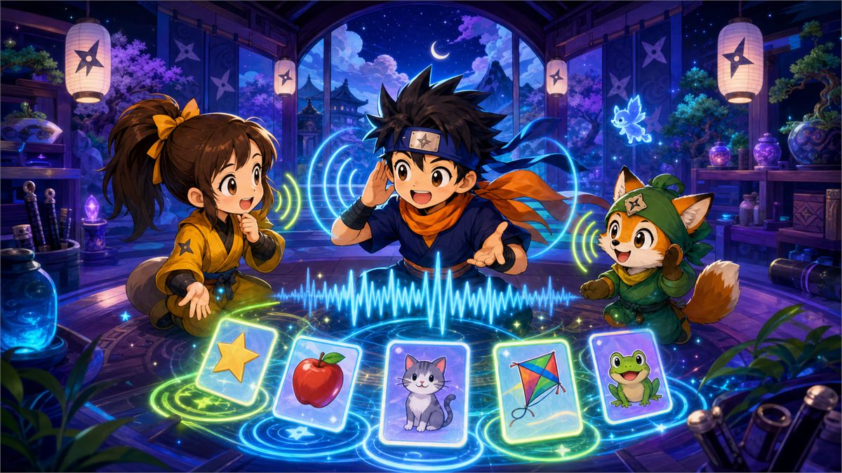 音の波と絵カードでフォニックスを学ぶ忍者の主人公と仲間たちのイラスト