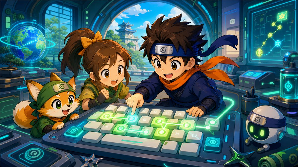 キーボードを使ってローマ字を学ぶ忍者の主人公と仲間たちのイラスト