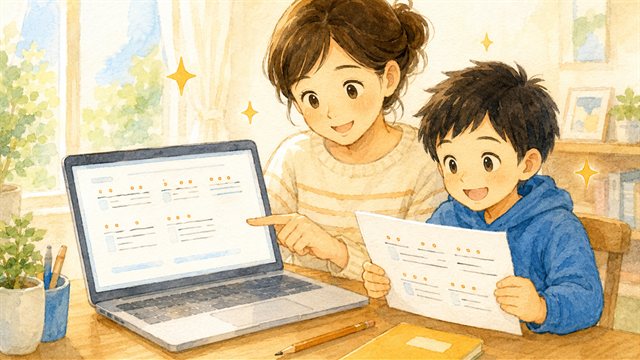 文章にふりがなが付く画面を見る親子のイラスト