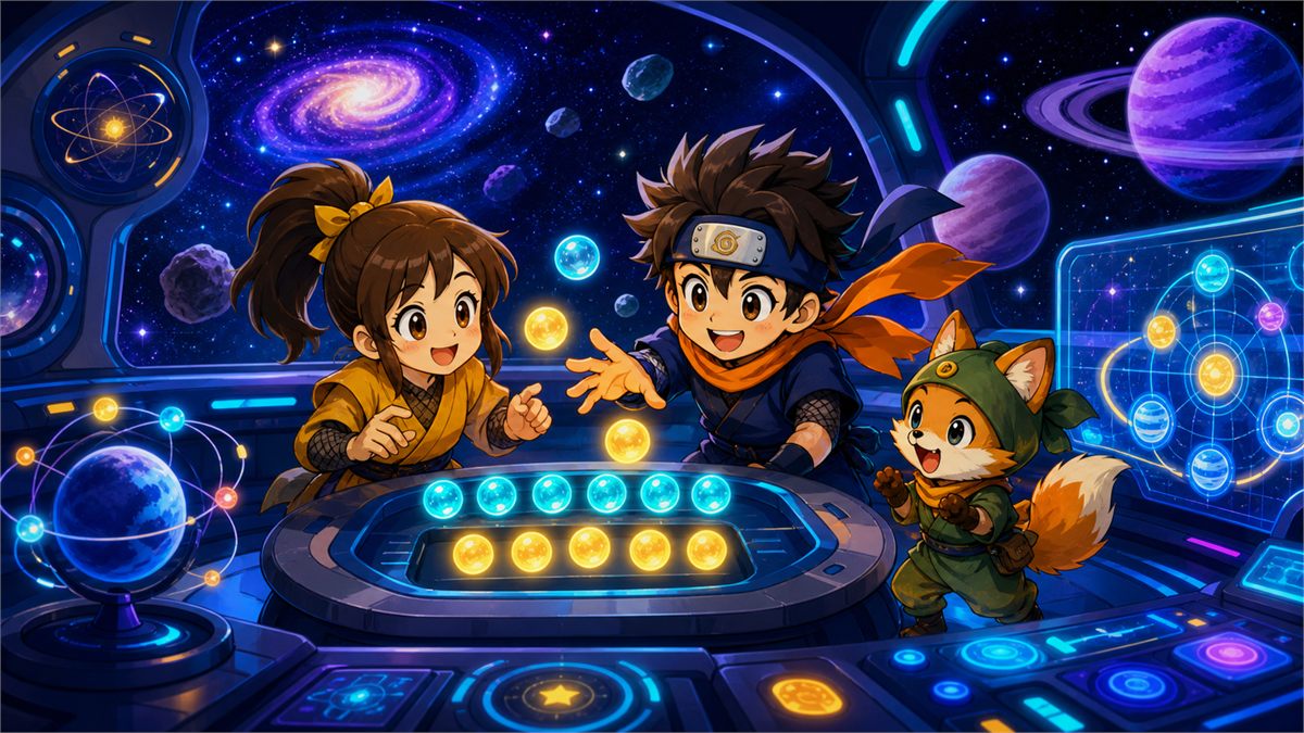 宇宙船で数の課題に挑戦する忍者の主人公と仲間たちのイラスト
