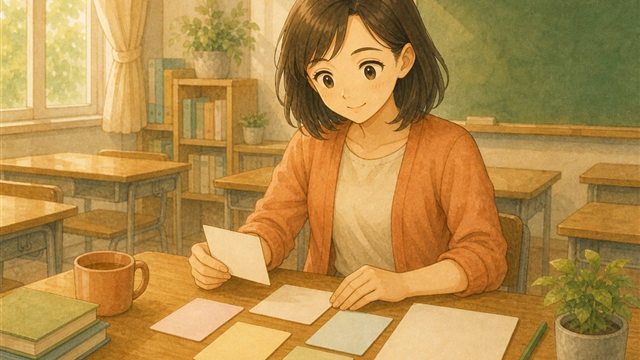 放課後の教室で空白のメモカードを整理する先生の水彩イラスト