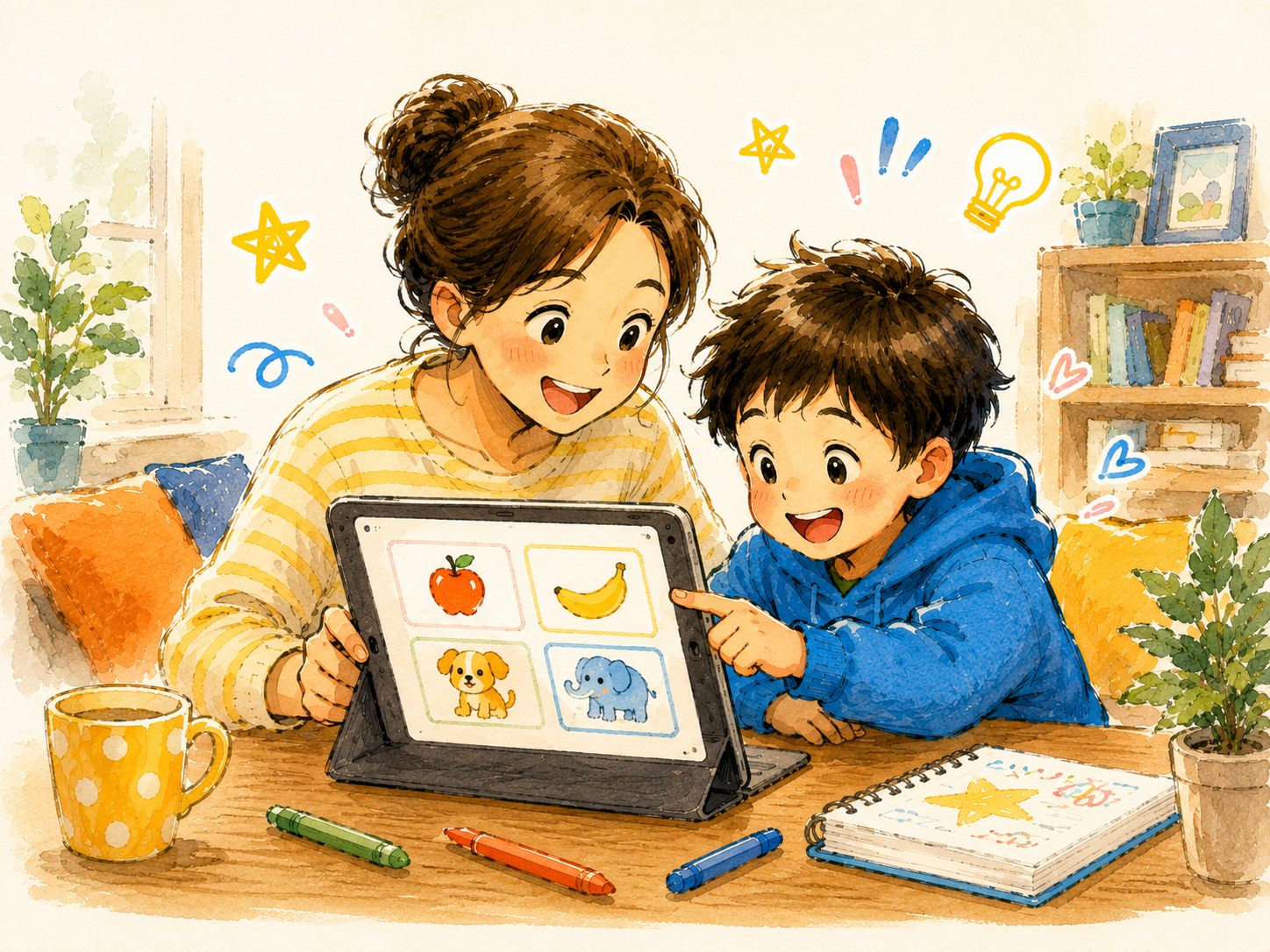 親子でタブレットを見ながら英単語の発音を聞いているイラスト