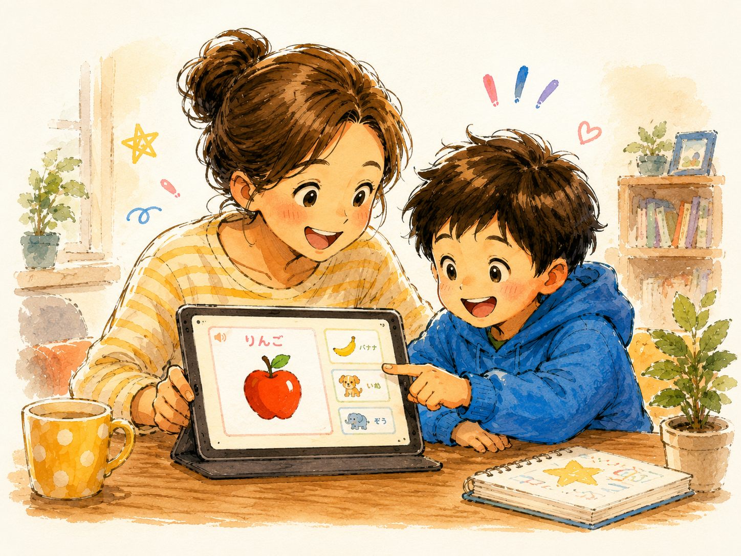 親子でタブレットの英単語練習画面を見ているイラスト