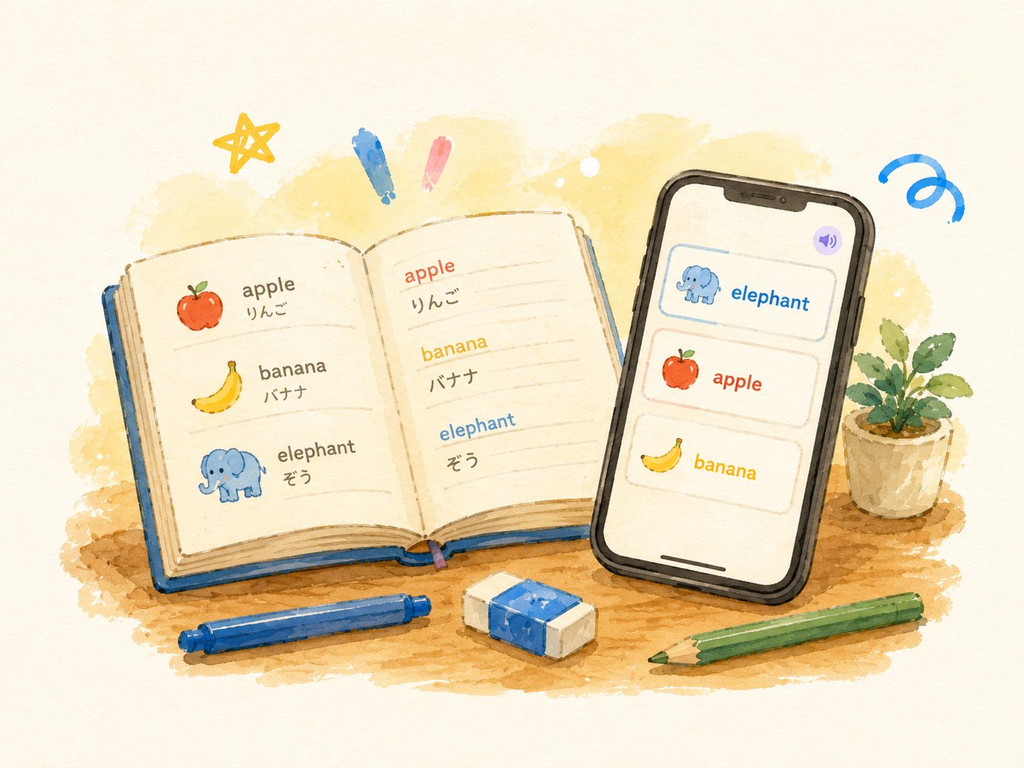 教科書の英単語をスマートフォンに取り込むイラスト