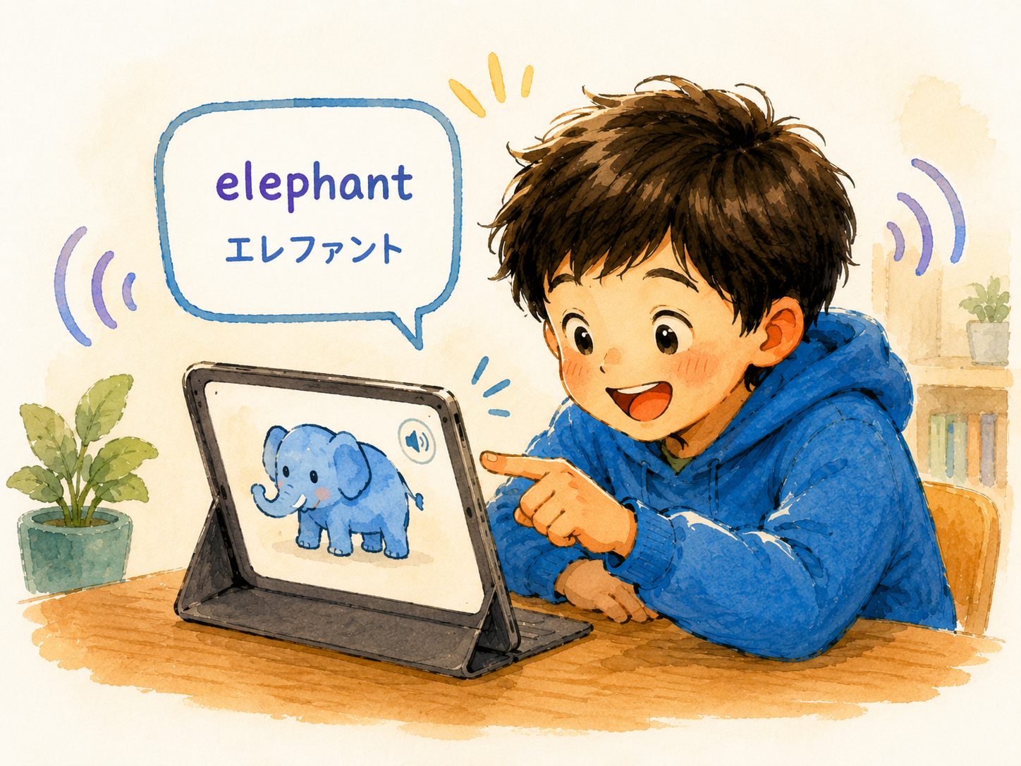 タブレットでelephantの発音を聞く男の子のイラスト