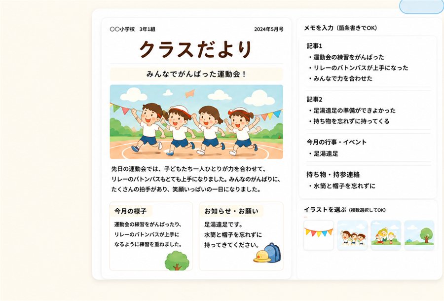 学級通信メーカーの紙面プレビューとメモ入力画面