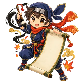 巻物を広げて漢字修行をする子ども忍者のイラスト