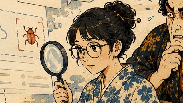 虫眼鏡で画面を確かめるQA担当と、後ろでうろたえるエンジニアの浮世絵イラスト