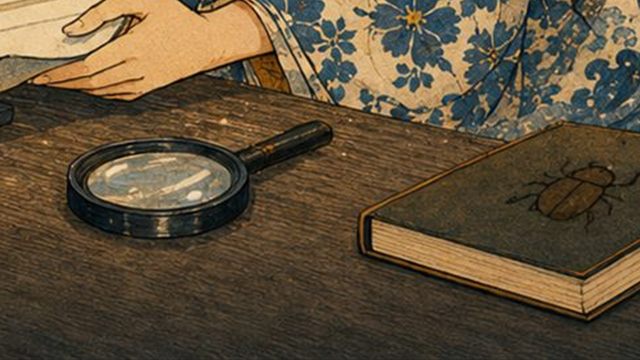 虫の表紙の本と虫眼鏡が置かれた机の浮世絵イラスト