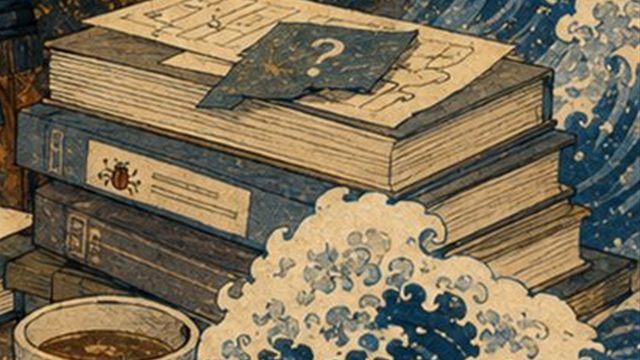 積み上がった本と波の浮世絵イラスト