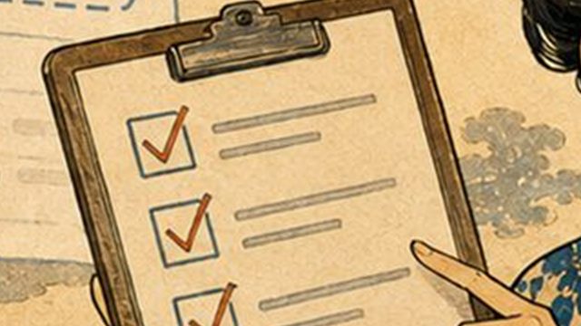 チェックを入れたバインダーを持つ手の浮世絵イラスト