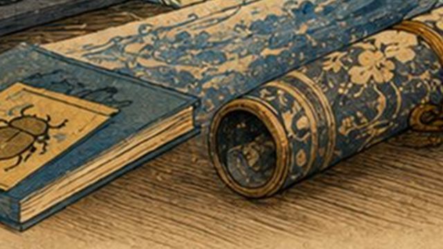 虫の表紙の本と巻物が置かれた机の浮世絵イラスト