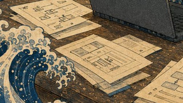 机いっぱいに広がる設計書の紙と波の浮世絵イラスト