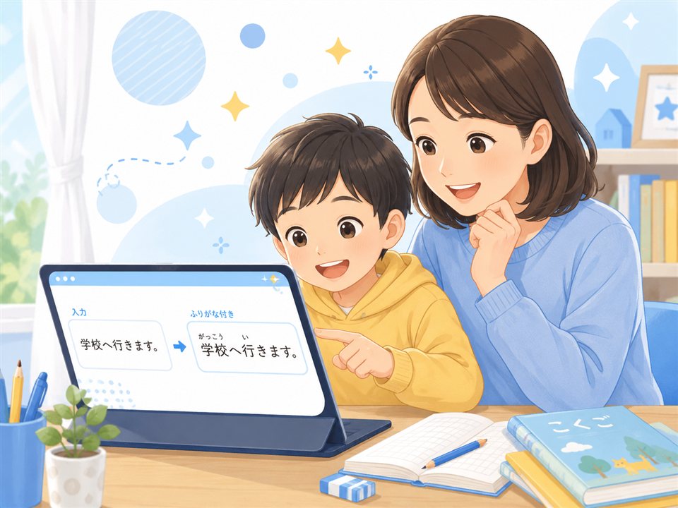 親子でルビメーカーを使うイラスト