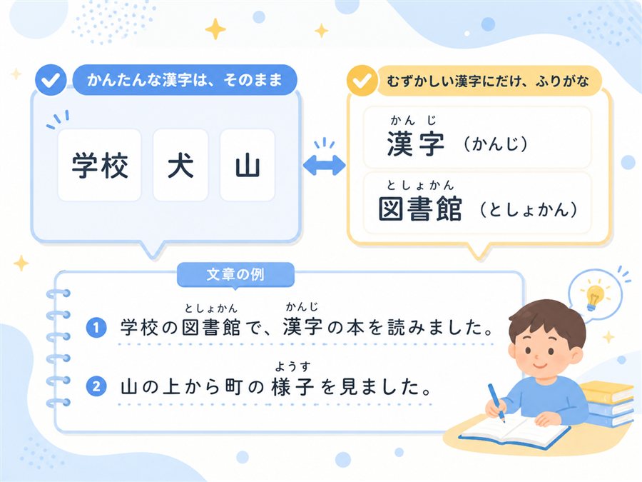 かんたんな漢字はそのまま、むずかしい漢字にだけふりがなをつける例