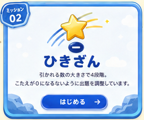 ひきざん：引かれる数の大きさで4段階。こたえが0にならないよう出題を調整