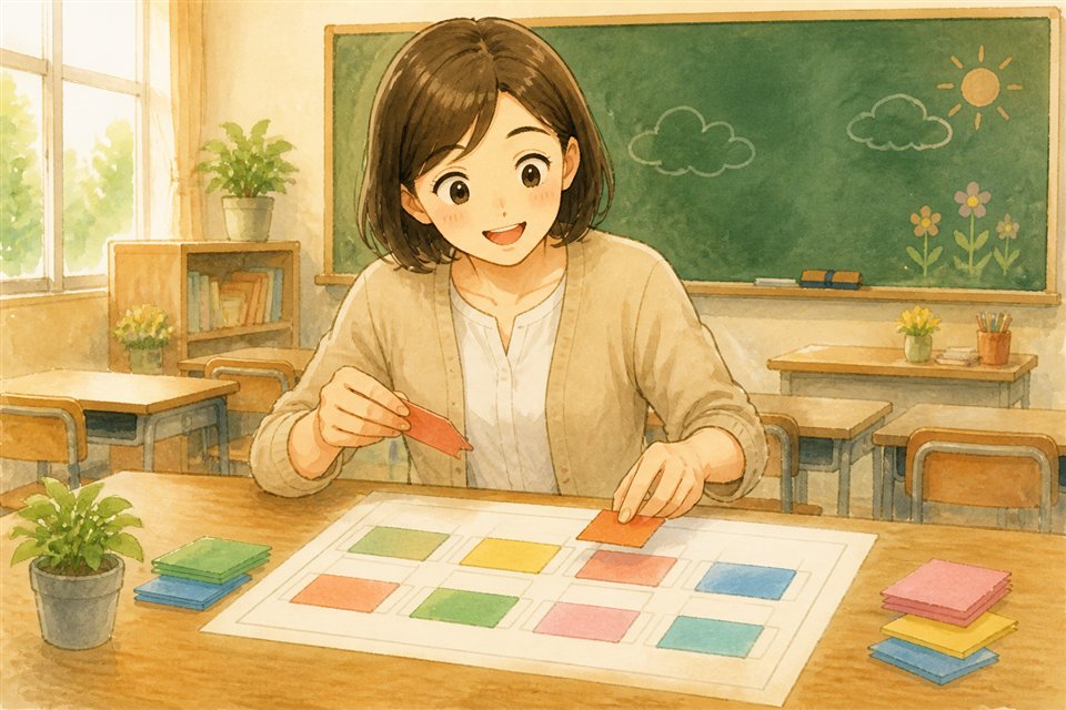 座席表を並べる小学校の先生のイラスト