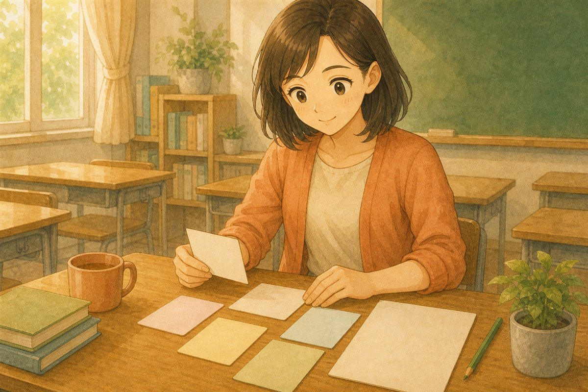 放課後の教室で空白のメモカードを整理する先生のイラスト